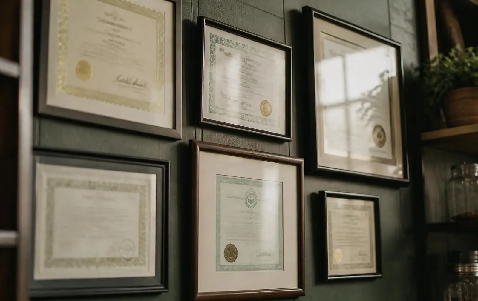 Framed licences and registration certificates on the wall of a small business